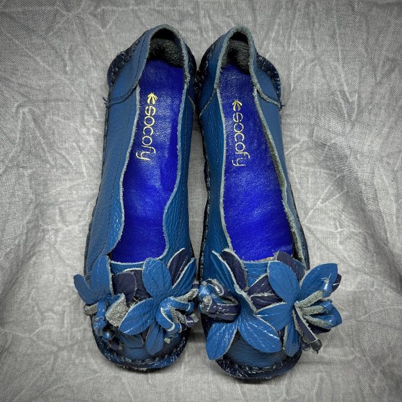 Socofy Handcrafted Blue Leather Flower Slip Ons 235 / US 6 - Picture 2 of 11